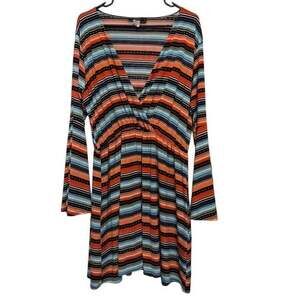 L&B Lucky‎ & Blessed XL Surplice Fit Flare Dress Orange Blue Stripe Boho Casual